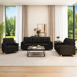 3 Piece Sofa Set Black Fabric Living Room Sectional with Pillows Armrest
