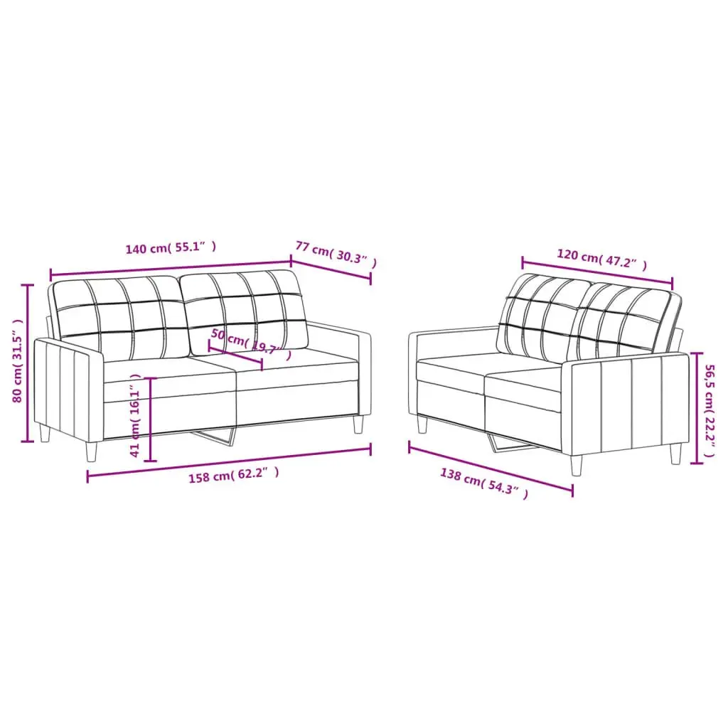 2 Piece Sofa Set Black Fabric Modern Living Room Seating Couch with Cushions