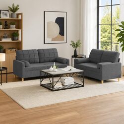 2 Piece Sofa Set Grey Fabric Couch Living Room Furniture with Pillows