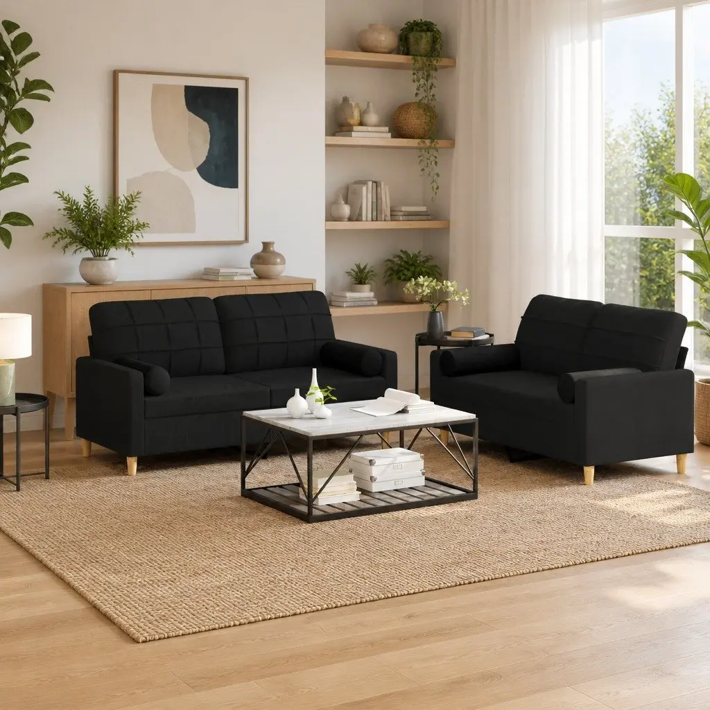 2 Piece Sofa Set Black Fabric Couch Durable Upholstery Sturdy Frame