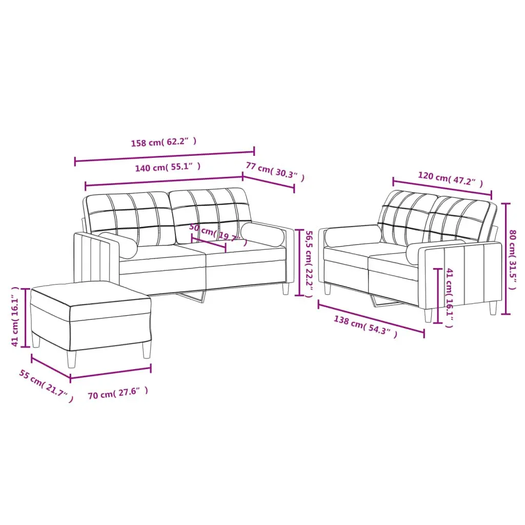 3 Piece Sofa Set Grey Fabric Couch with Pillows Footstool Compact Living Room Seating
