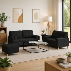 3 Piece Sofa Set Black Fabric Lounge Suite Couch with Pillows and Footstool