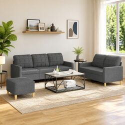 3 Piece Sofa Set with Footstool Grey Fabric Living Room Lounge Seating Cushions