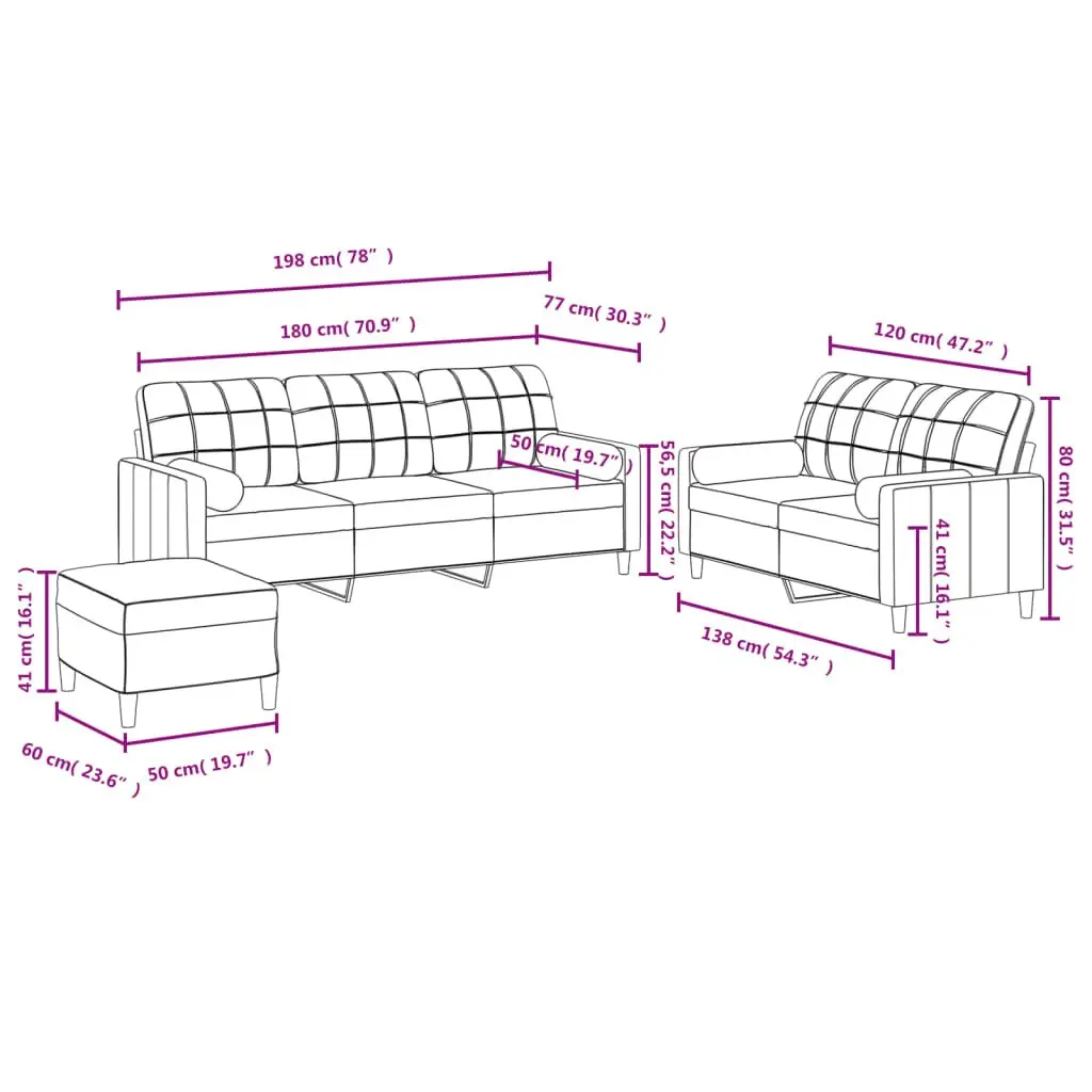 Black Fabric Lounge Suite 3 Piece Set with Footstool and Cylinder Pillows