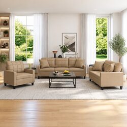 3 Piece Sofa Set Brown Faux Leather Couch with Throw Pillows Living Room