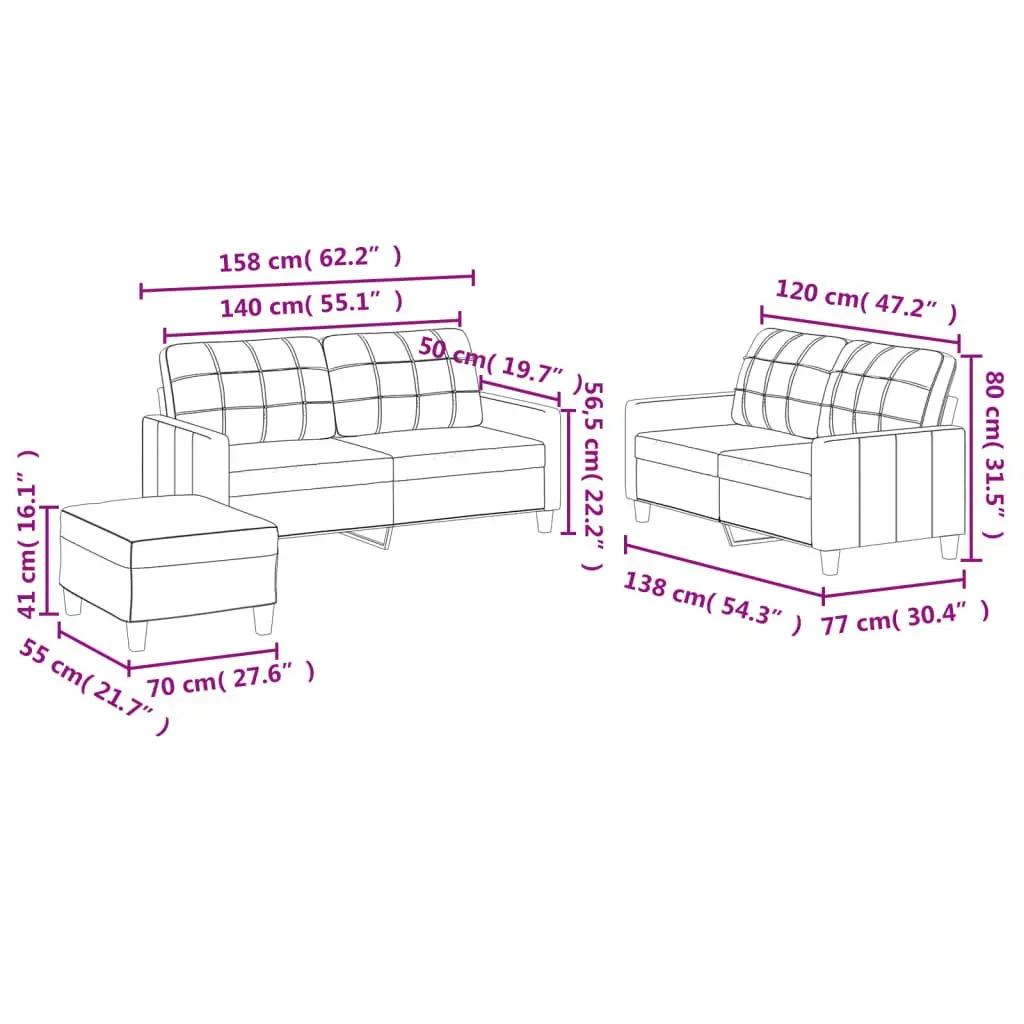 3 Piece Sofa Set with Footstool Cushions Grey Lounge Suite Living Room Furniture