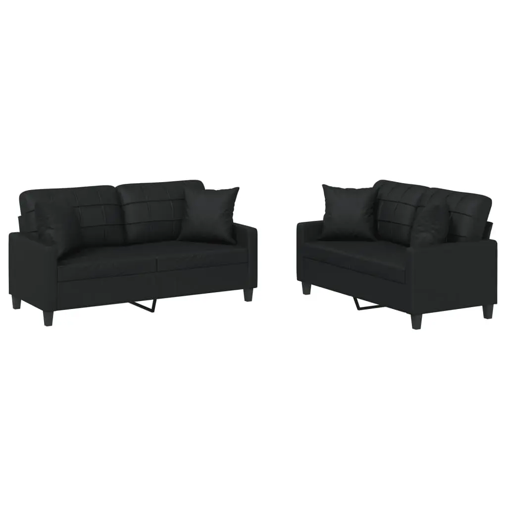 2 Piece Sofa Set Black Faux Leather Upholstery Sturdy Frame with Throw Pillows