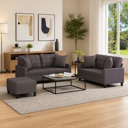 Three-Piece Lounge Sofa Set with Pillows and Footstool in Grey