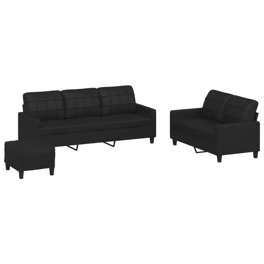 3 Piece Sofa Set Black Faux Leather Durable Cushions with Footstool