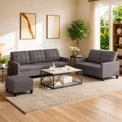 Stylish 3 Piece Grey Faux Leather Sofa Set with Footstool