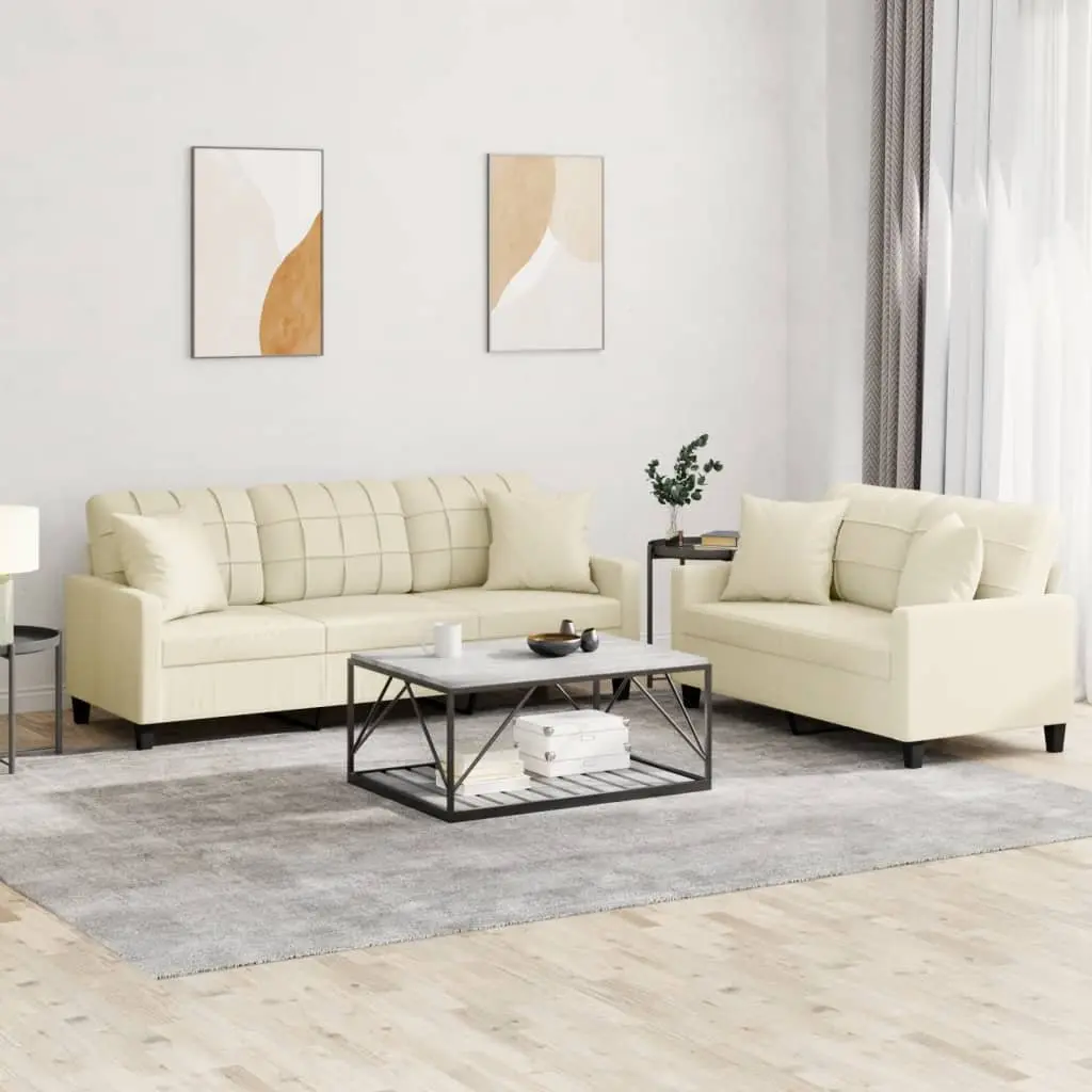 2 Piece Sofa Set Cream Faux Leather Durable Stain Resistant Lounge Suite