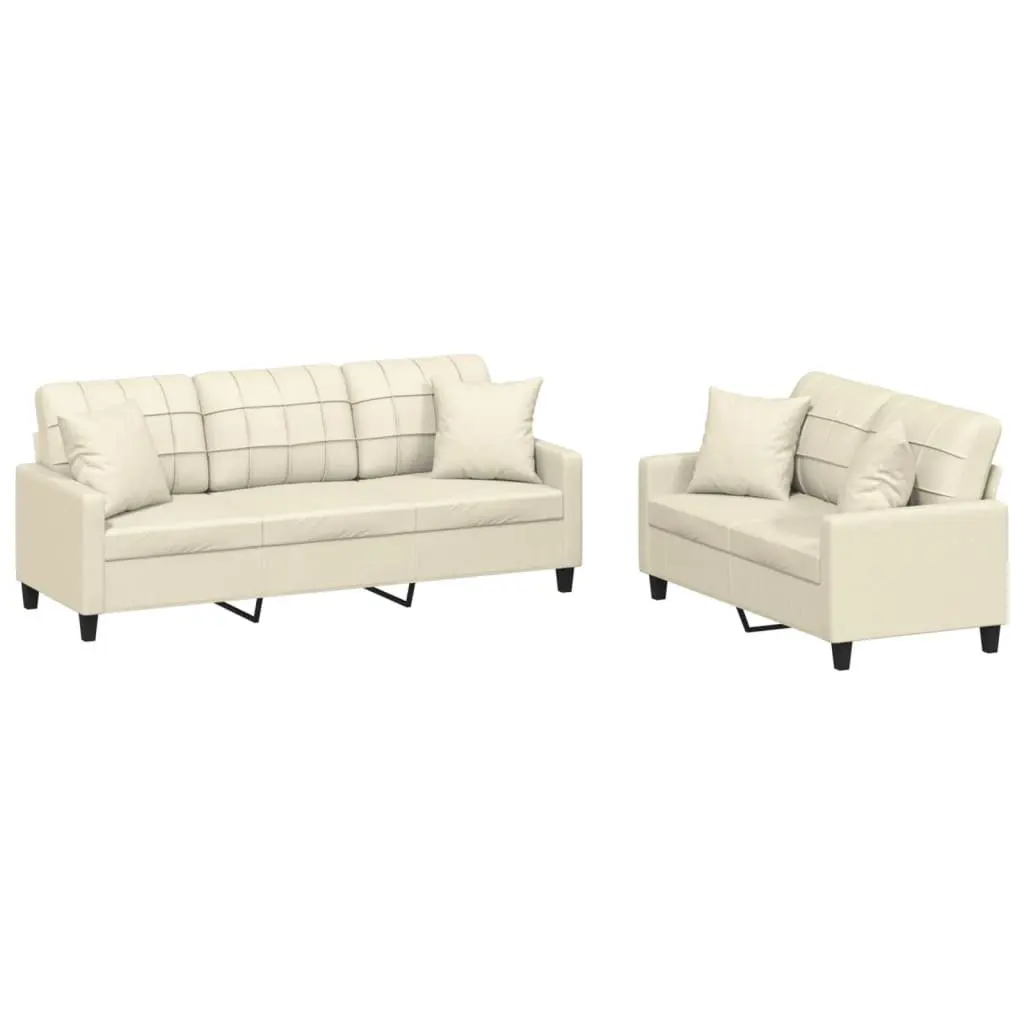 2 Piece Sofa Set Cream Faux Leather Durable Stain Resistant Lounge Suite