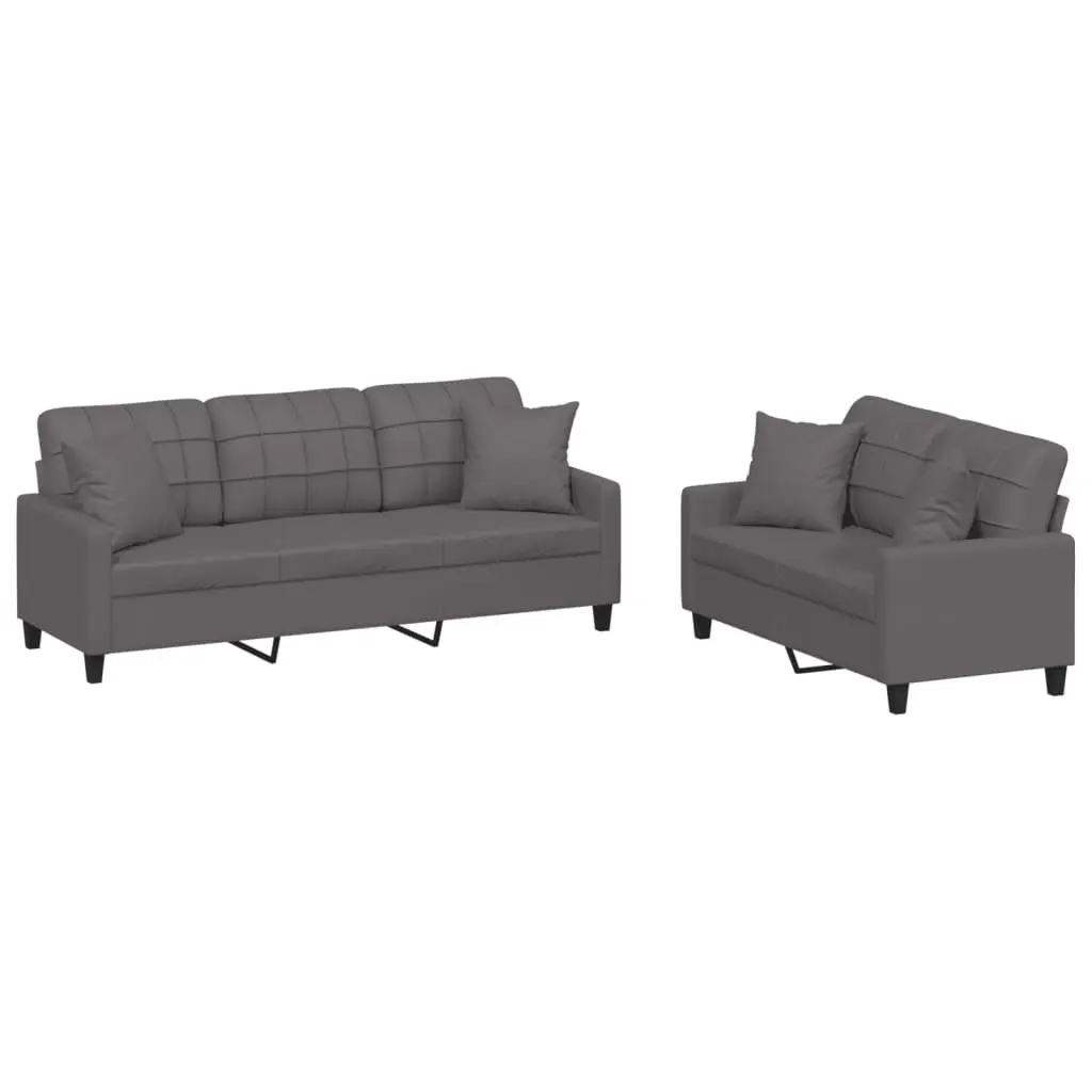2 Piece Sofa Set Grey Faux Leather Couch with Throw Pillows