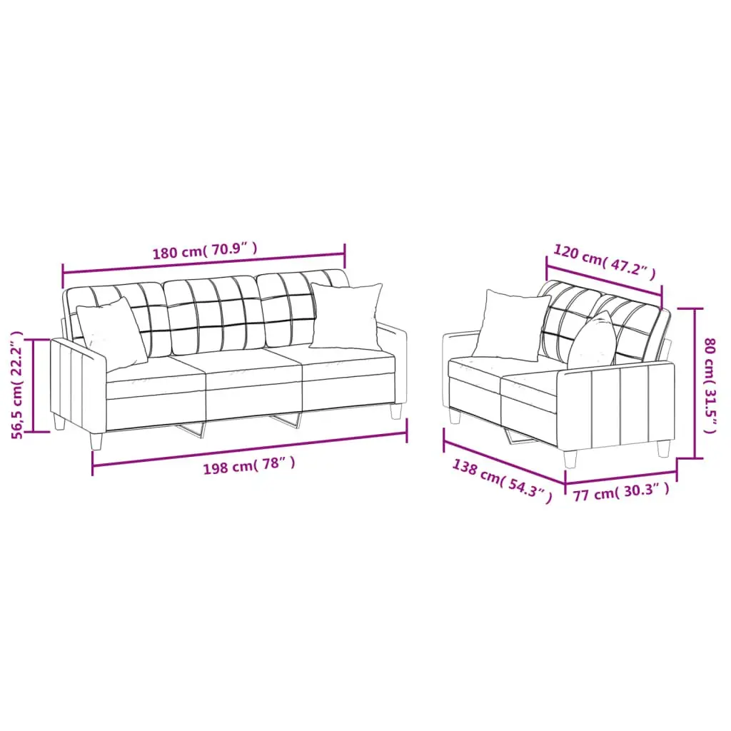 2 Piece Sofa Set Grey Faux Leather Couch with Throw Pillows