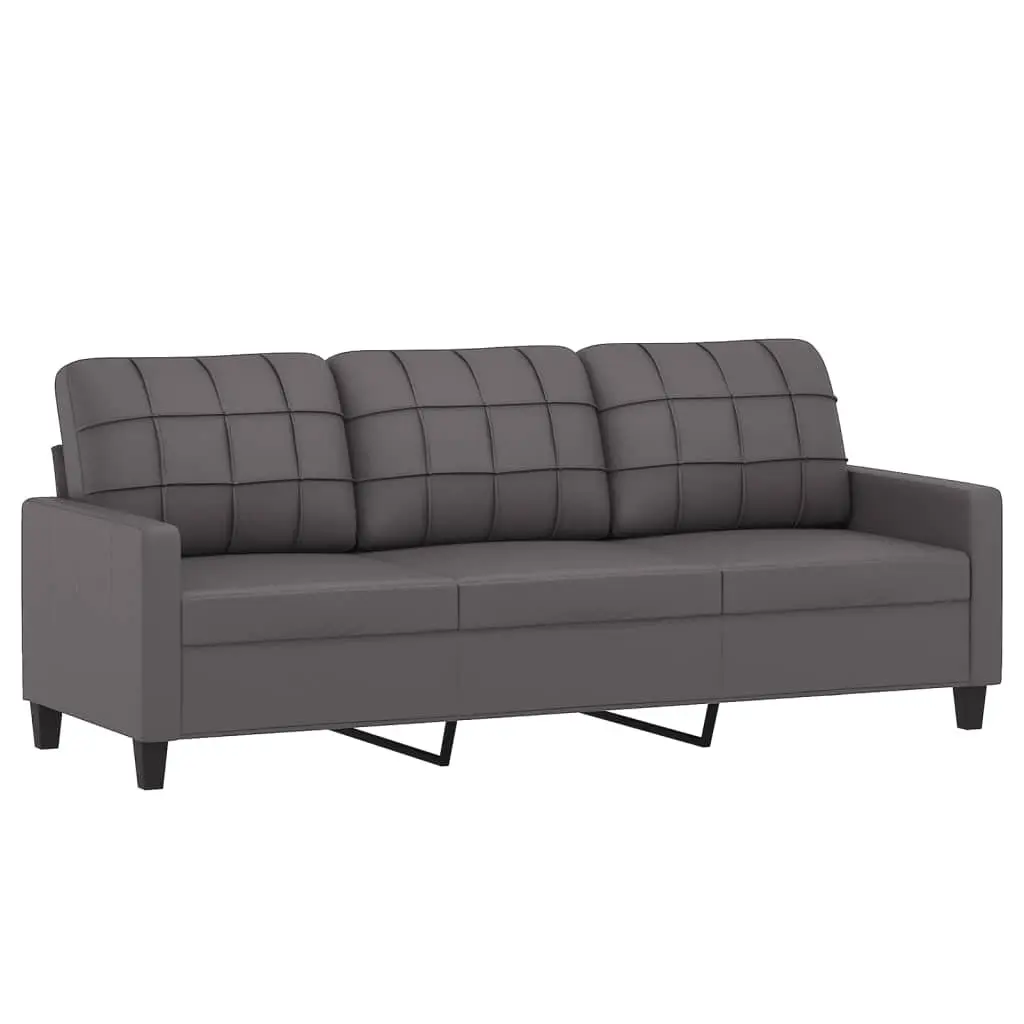 3 Piece Sofa Set Grey Faux Leather Couch with Pillows and Footstool Living Room