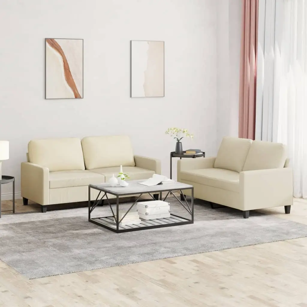2 Piece Sofa Set Cream Faux Leather Upholstery Thickly Padded Seat and Back Pillow