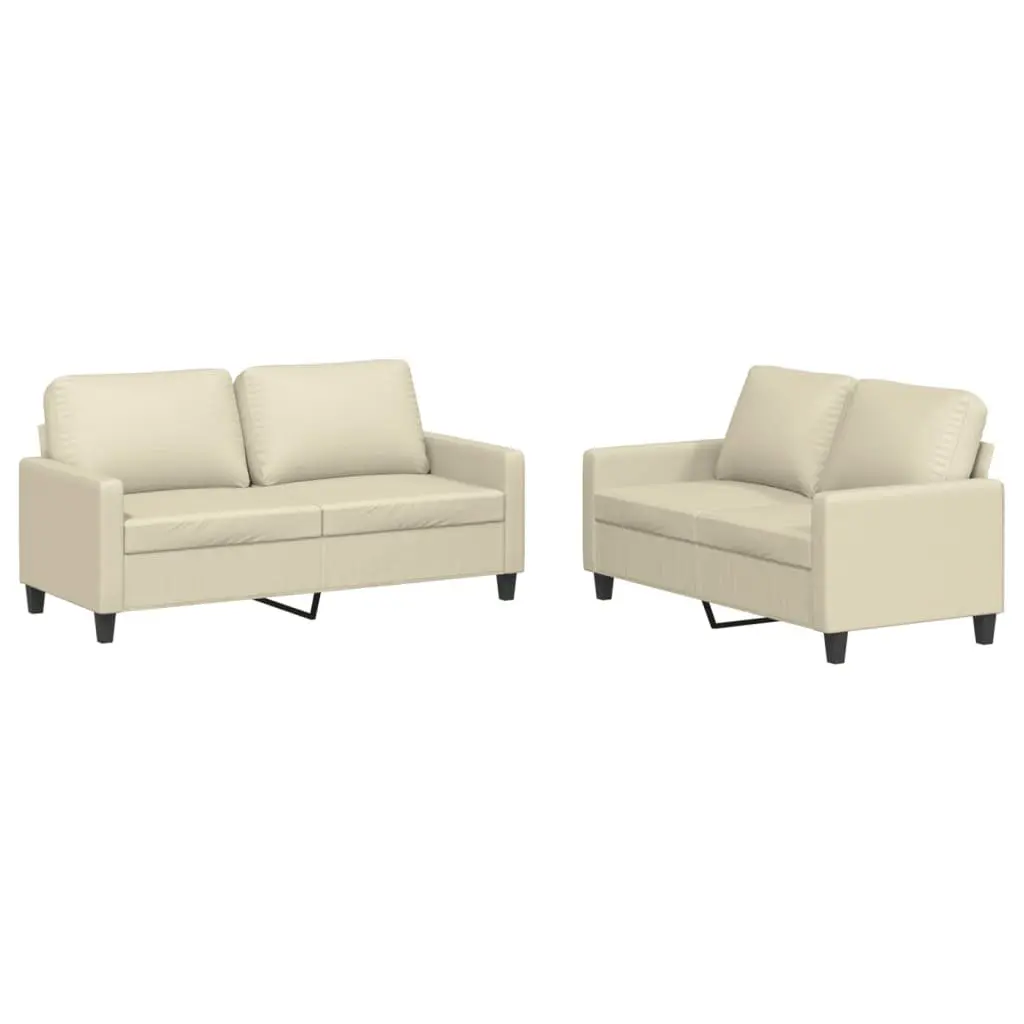 2 Piece Sofa Set Cream Faux Leather Upholstery Thickly Padded Seat and Back Pillow