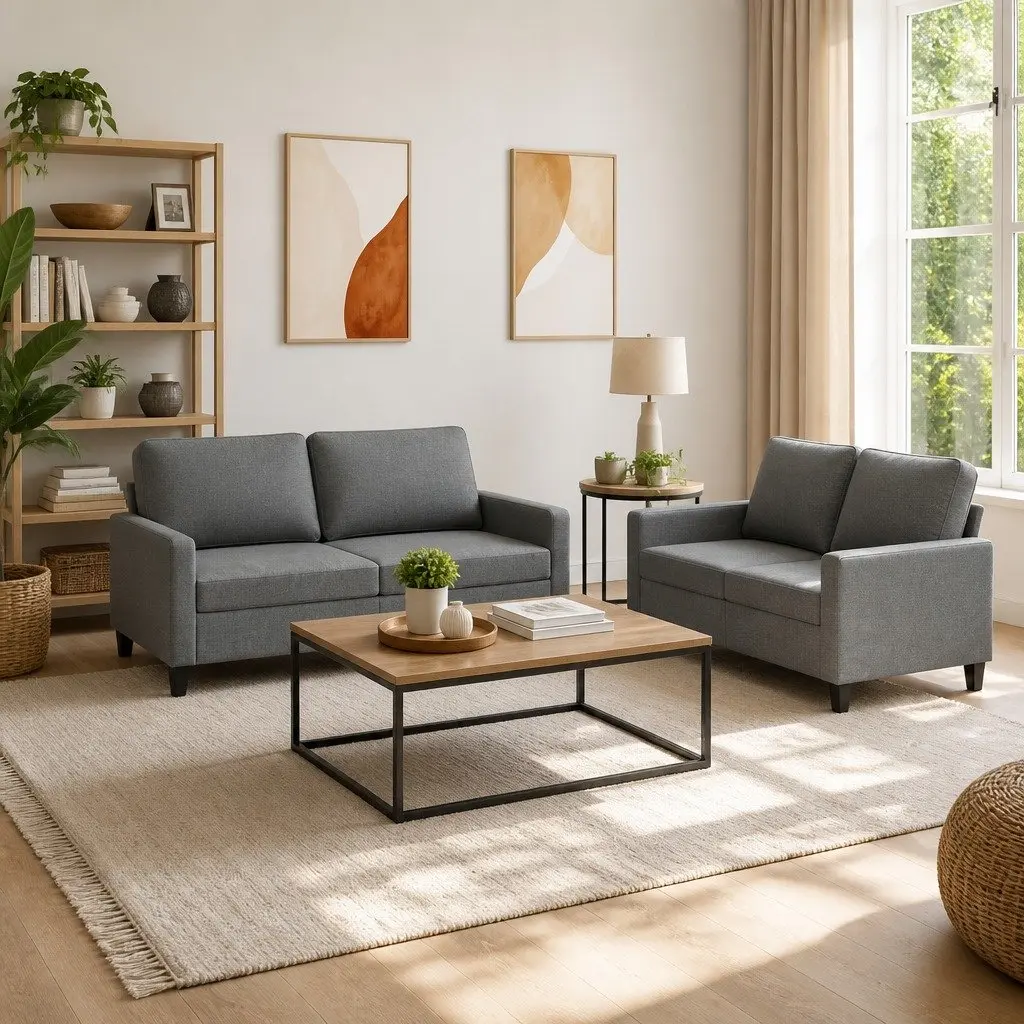 2 Piece Sofa Set Grey Fabric Couch Lounge Suite with Cushions Comfortable