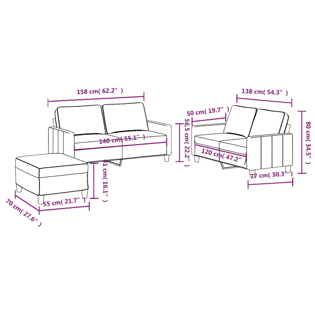 3 Piece Sofa Set with Footstool Grey Fabric Living Room Lounge Suite Cushions