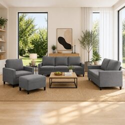 Living Room Grey Velvet 4 Piece Sofa Set with Cushion Comfort