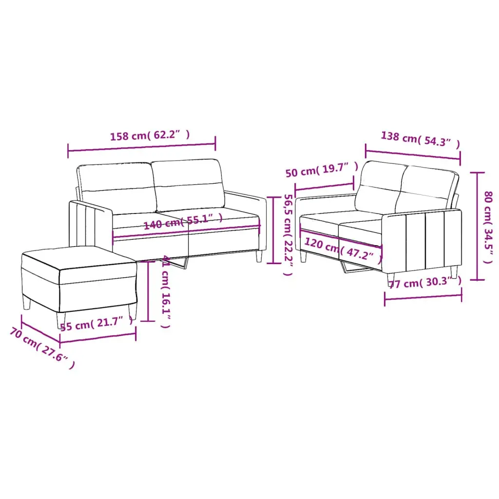 3 Piece Sofa Set Black Fabric Durable Breathable Couch with Cushions and Footstool for Living Room