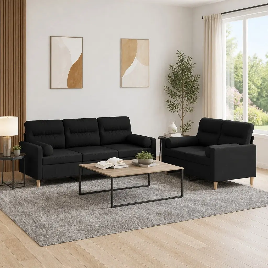 2 Piece Fabric Sofa Set Black with Roll Pillows Lounge Suite Comfortable Seating