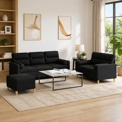 3 Piece Sofa Set with Roll Pillows Footstool Black Fabric Lounge Suite