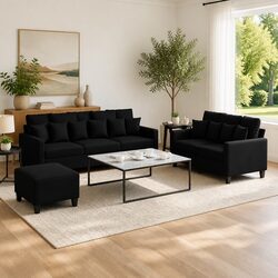 3 Piece Sofa Set with Cushions Black Fabric Lounge Suite Footstool Living Room