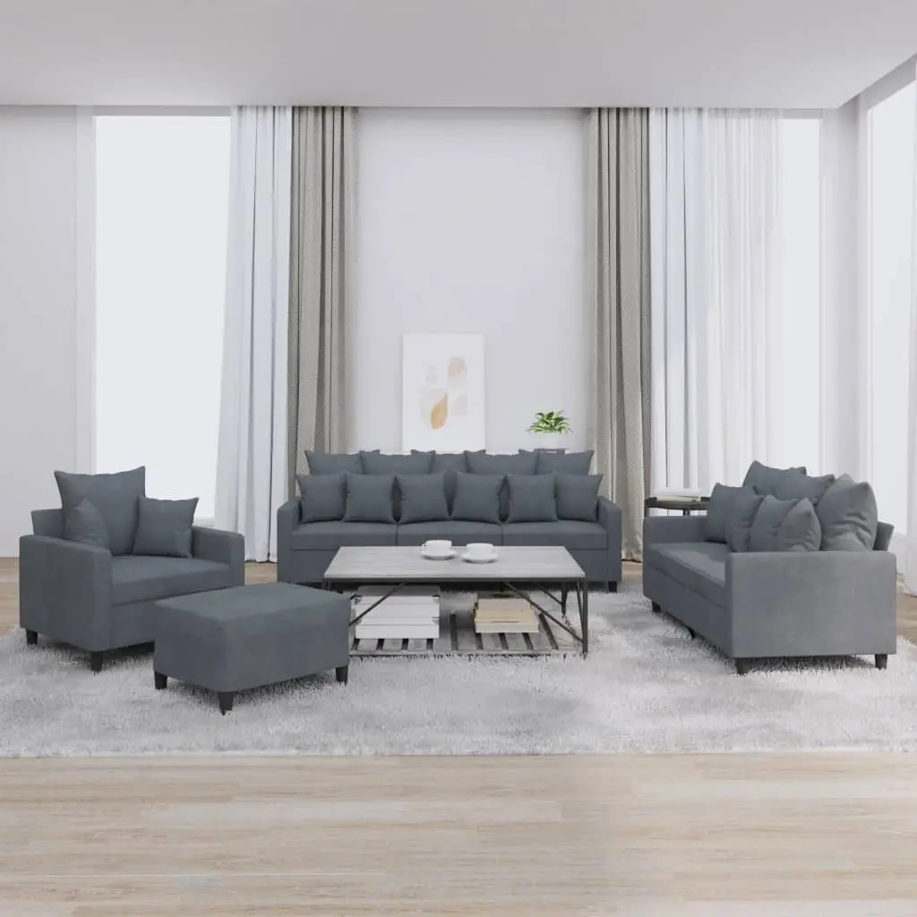 4 Piece Sofa Set with Footstool Grey Velvet Living Room Furniture Cushions