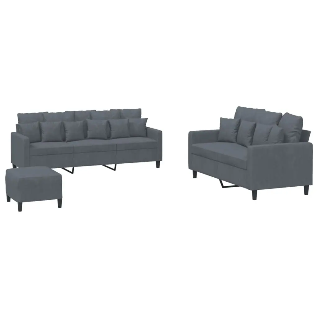 3 Piece Sofa Set Grey Velvet Lounge Suite with Footstool Living Room Furniture