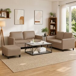 3 Piece Sofa Set with Footstool Brown Faux Leather Living Room Furniture