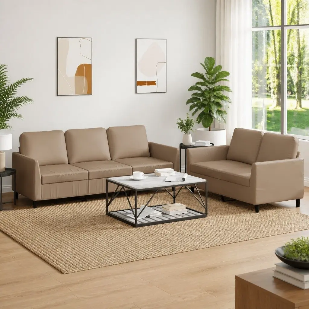 BrownFauxLeatherCouch2PieceSetDurableUpholsteryThicklyPaddedCushionsSturdyPlywoodMetalFrameComfortableLivingRoomFurniture