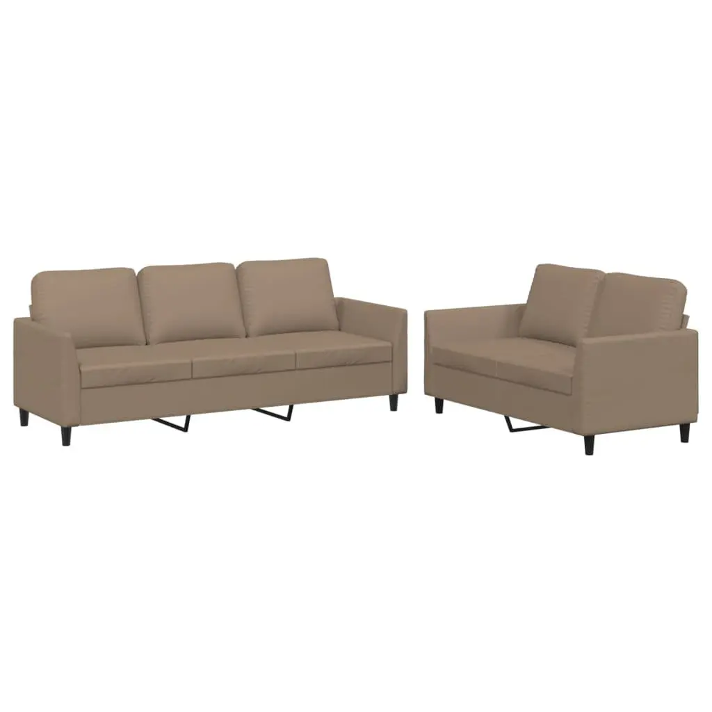 BrownFauxLeatherCouch2PieceSetDurableUpholsteryThicklyPaddedCushionsSturdyPlywoodMetalFrameComfortableLivingRoomFurniture