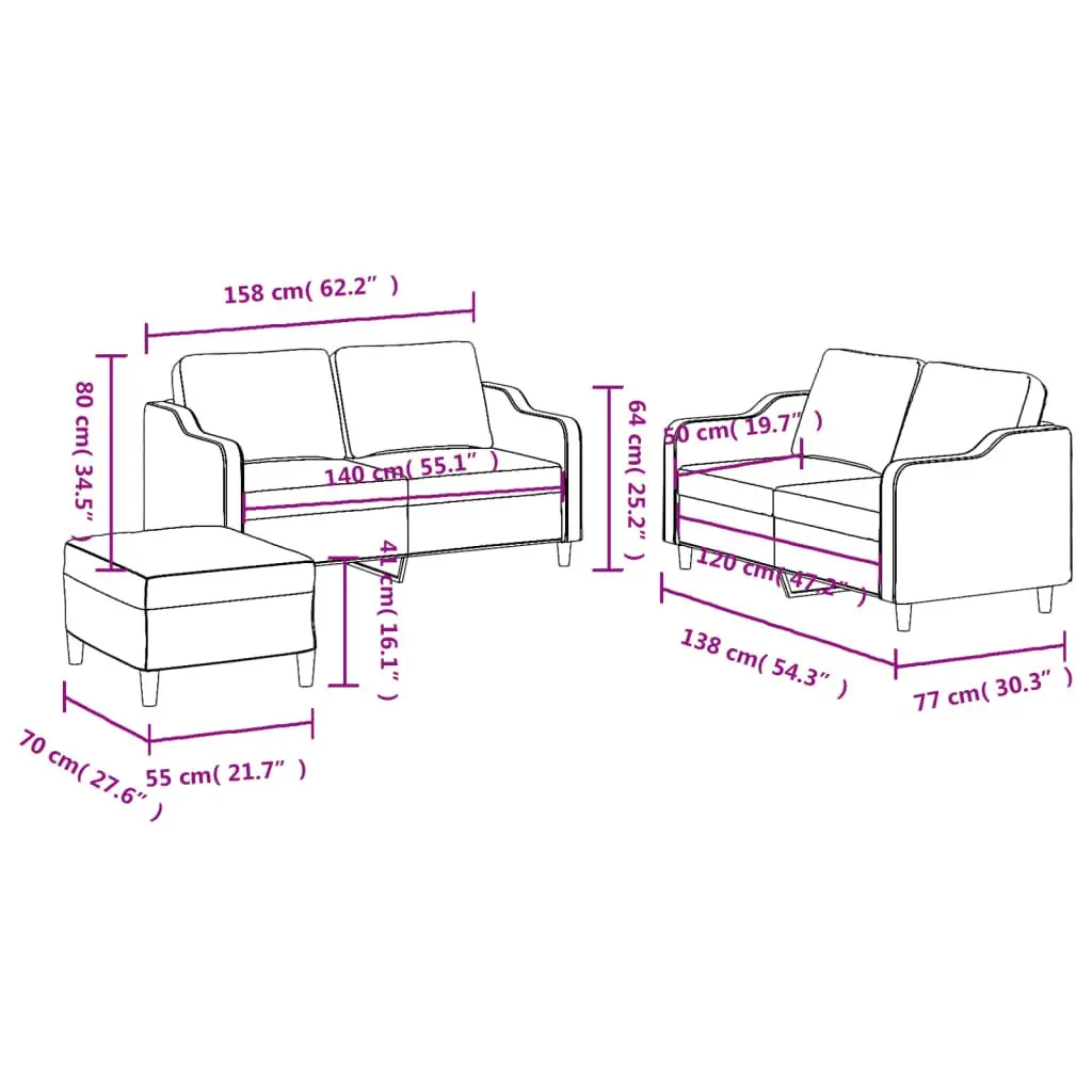 3 Piece Sofa Set Grey Fabric Lounge with Cushions Footstool Living Room
