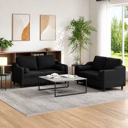 2 Piece Sofa Set Black Fabric Living Room Couch with Pillows Seating Furniture