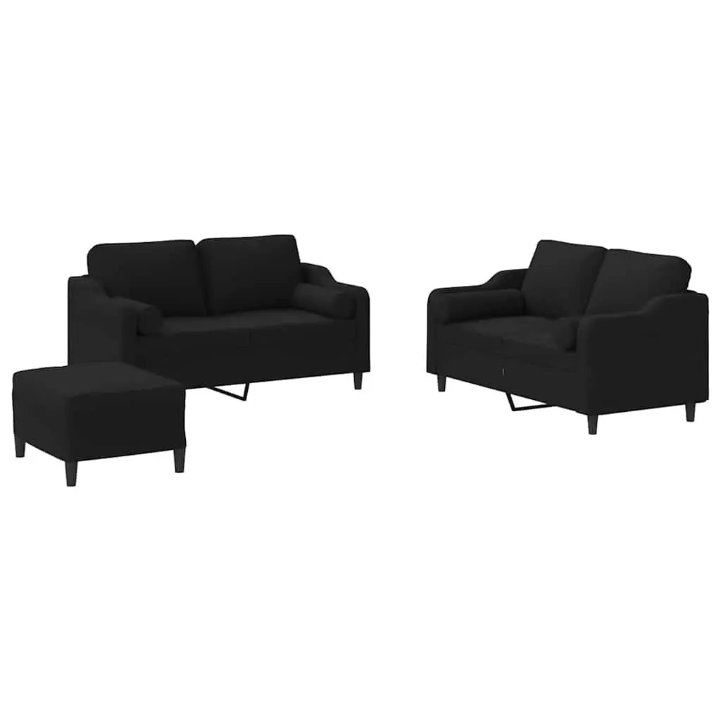 3 Piece Sofa Set Black Fabric Living Room Lounge Suite with Pillows Footstool