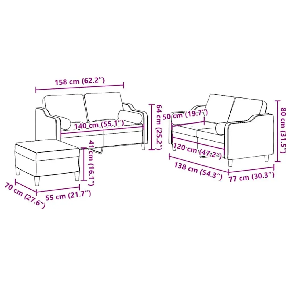 3 Piece Sofa Set Black Fabric Living Room Lounge Suite with Pillows Footstool