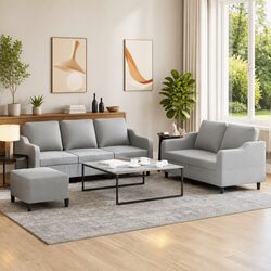3 Piece Sofa Set with Cushions Grey Fabric Living Room Furniture Footstool