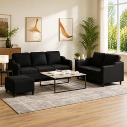 3 Piece Sofa Set Black Fabric Lounge Suite with Footstool Cushions Living Room