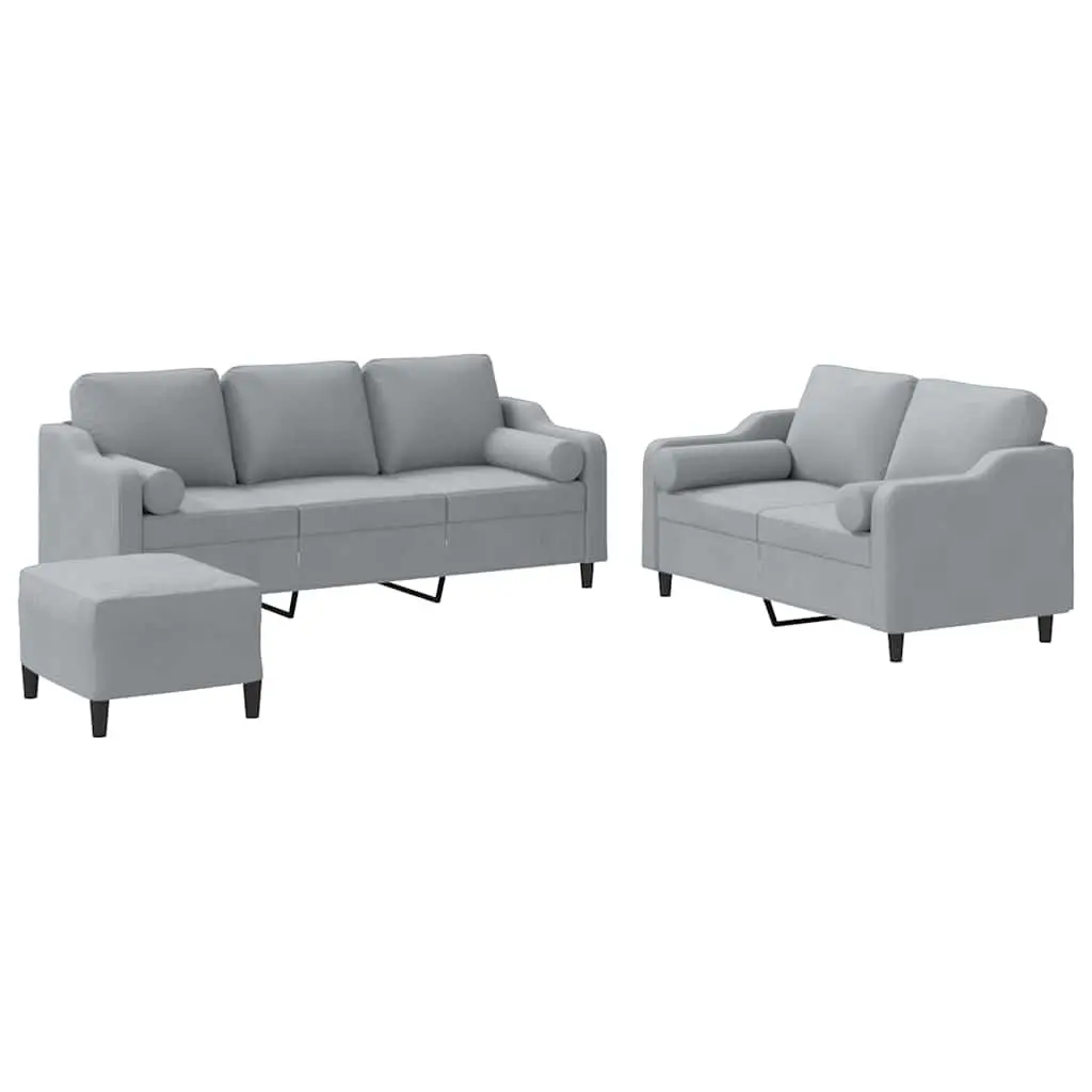 3 Piece Sofa Set Grey Fabric Padded Living Room Lounge with Footstool and Pillows