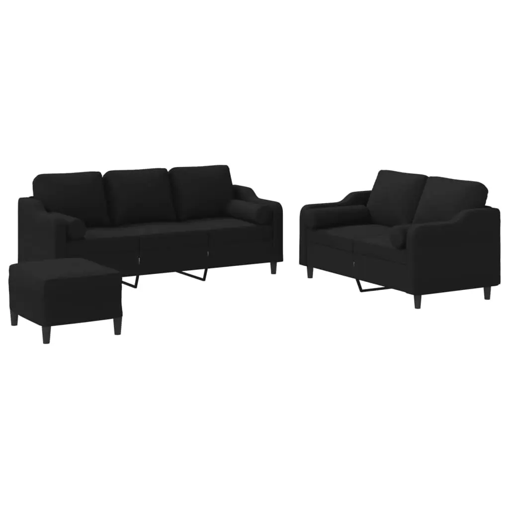 3 Piece Sofa Set with Pillows and Footstool Black Fabric Living Room Lounge
