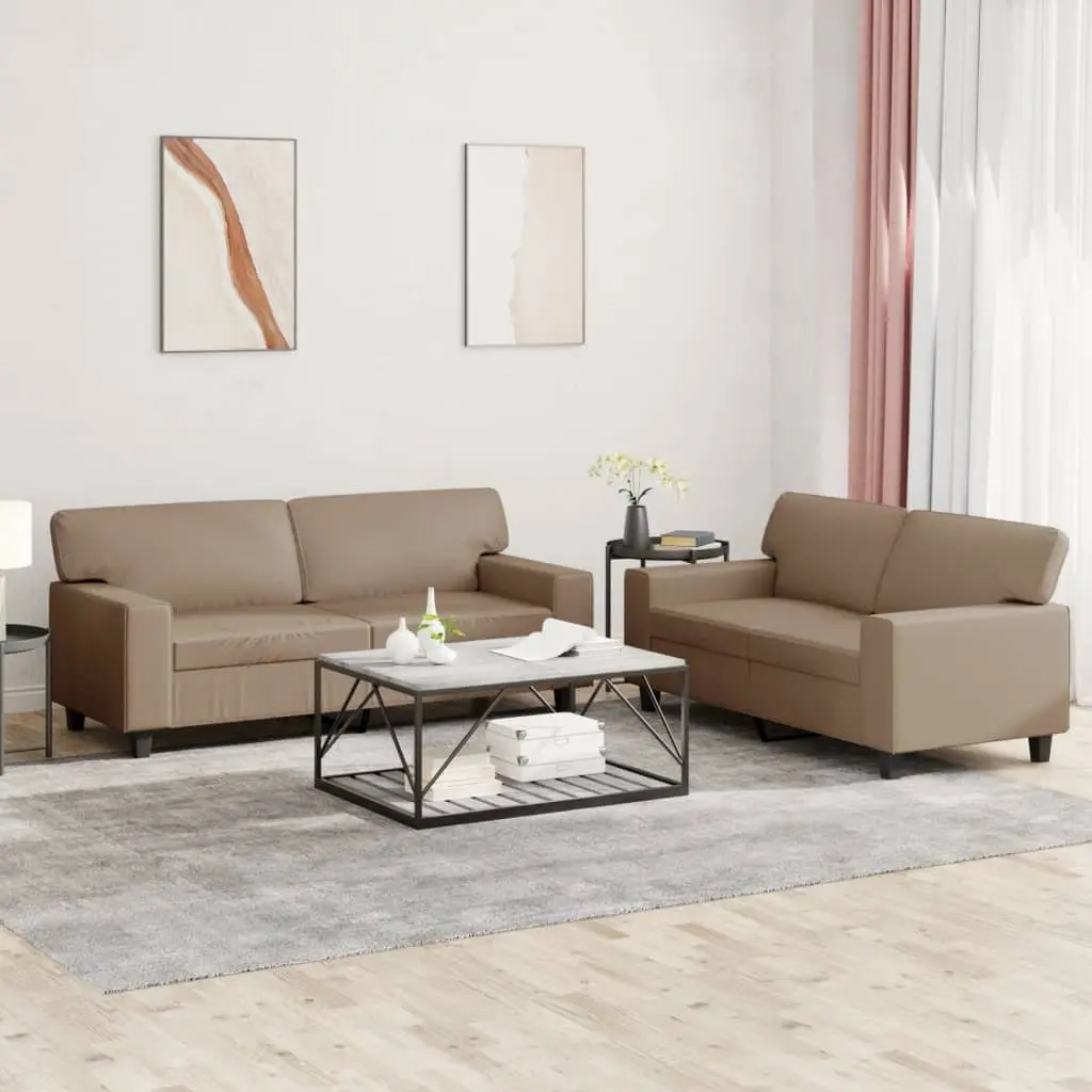 2 Piece Sofa Set Brown Faux Leather Living Room Lounge Suite Couch Seating