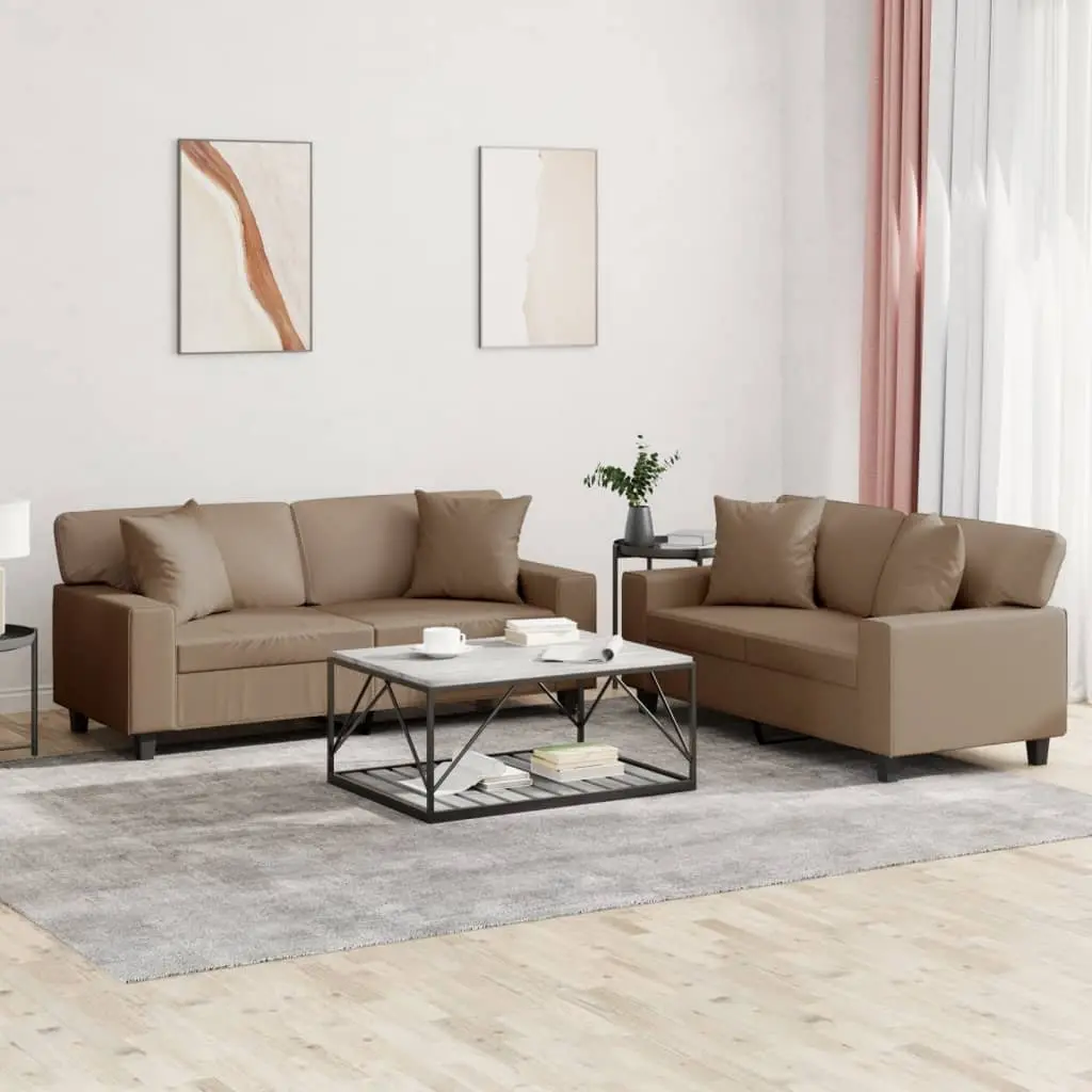 2 Piece Sofa Set Brown Faux Leather Upholstery with Throw Pillows