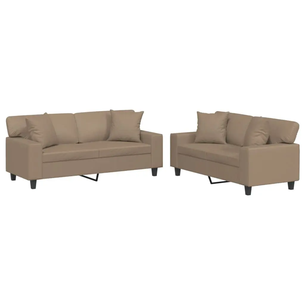 2 Piece Sofa Set Brown Faux Leather Upholstery with Throw Pillows
