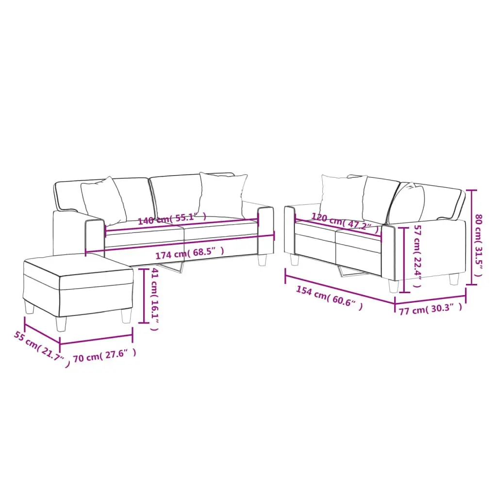 3 Piece Sofa Set with Throw Pillows and Footstool Black Faux Leather Living Room