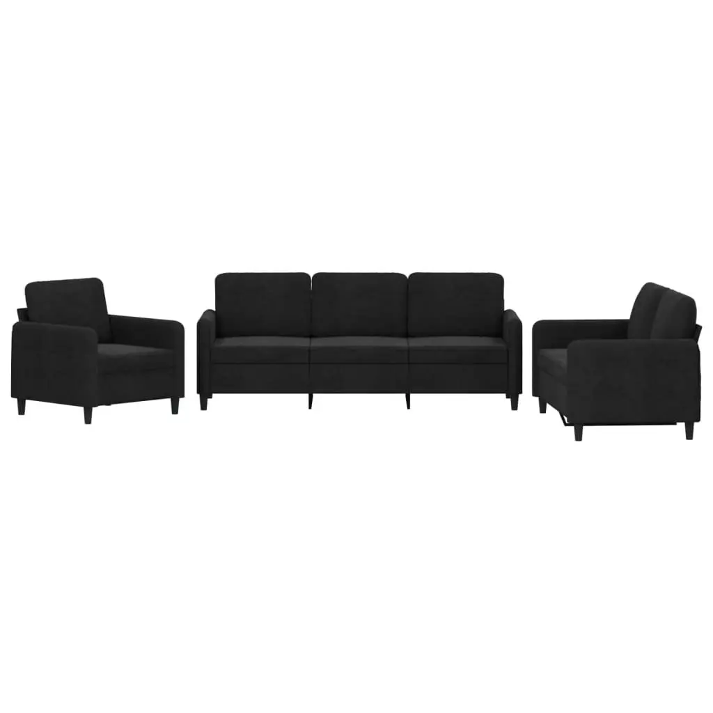 3 Piece Sofa Set Black Velvet Soft Upholstery Thickly Padded Seat Armrests and Back Pillow
