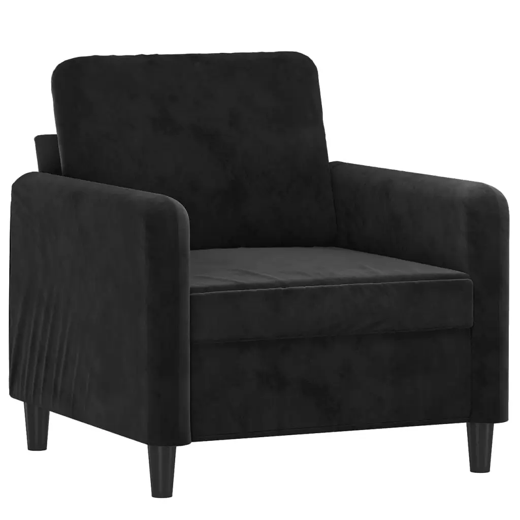 3 Piece Sofa Set Black Velvet Soft Upholstery Thickly Padded Seat Armrests and Back Pillow