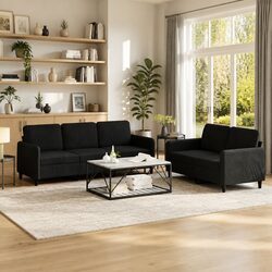 2 Piece Sofa Set Black Velvet Lounge Suite Comfortable Seating Living Room