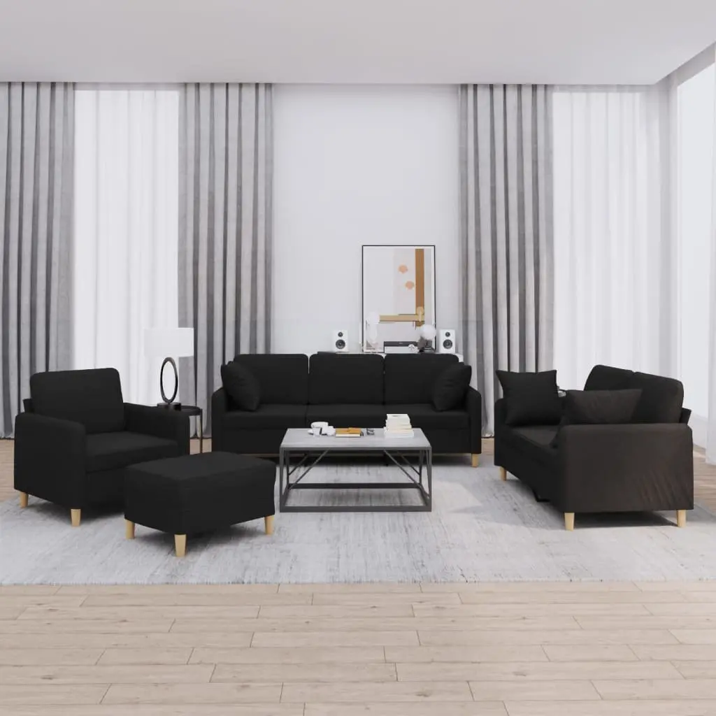 4 Piece Sofa Set Black Fabric Couch with Throw Pillows Footstool