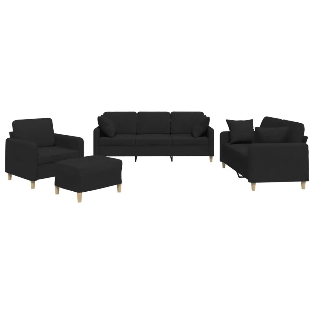 4 Piece Sofa Set Black Fabric Couch with Throw Pillows Footstool